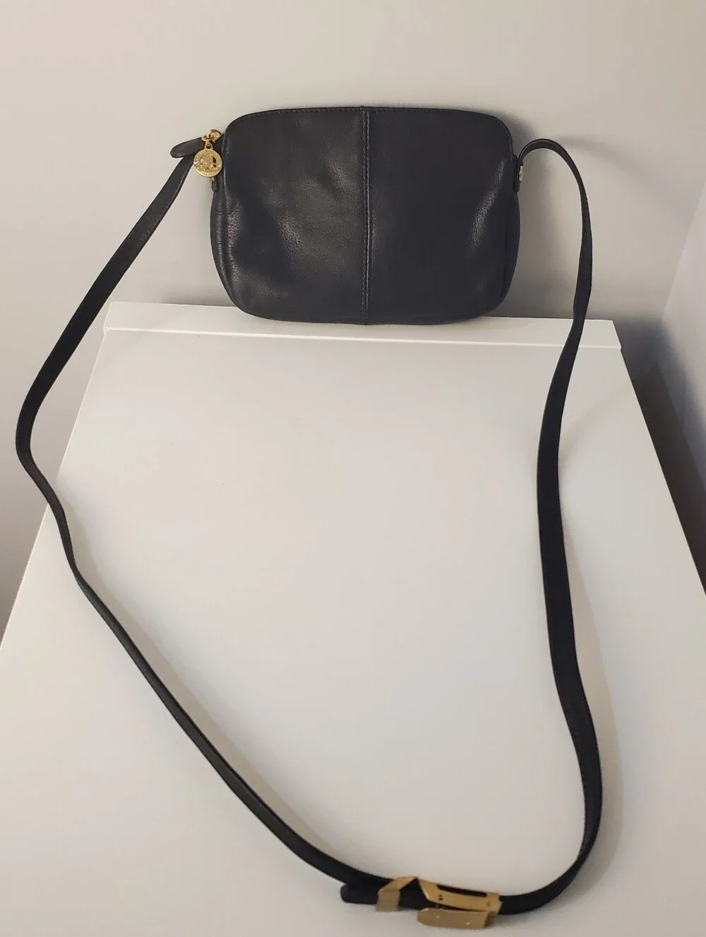 Vintage Pourchet Paris Black Leather Crossbody Bag Gold Crest Made In France